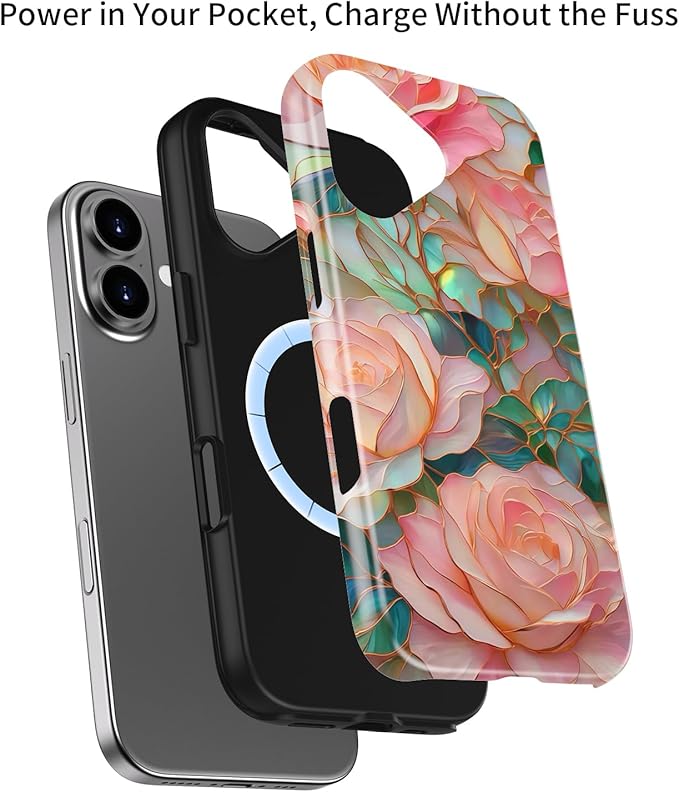 Wireless Charging Compatible - Dual-Layer Hard Shell + Silicone Cover - Aesthetic Protective Trendy Phone Case for Women - Blooming Pink Rose