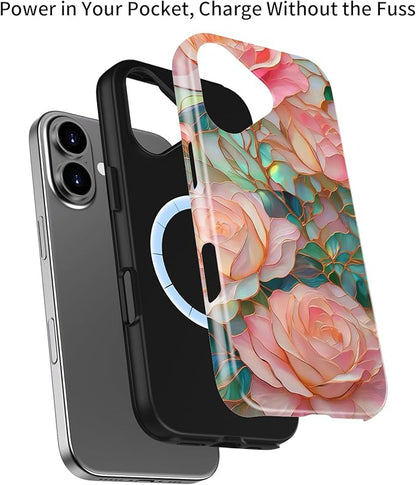 Wireless Charging Compatible - Dual-Layer Hard Shell + Silicone Cover - Aesthetic Protective Trendy Phone Case for Women - Blooming Pink Rose