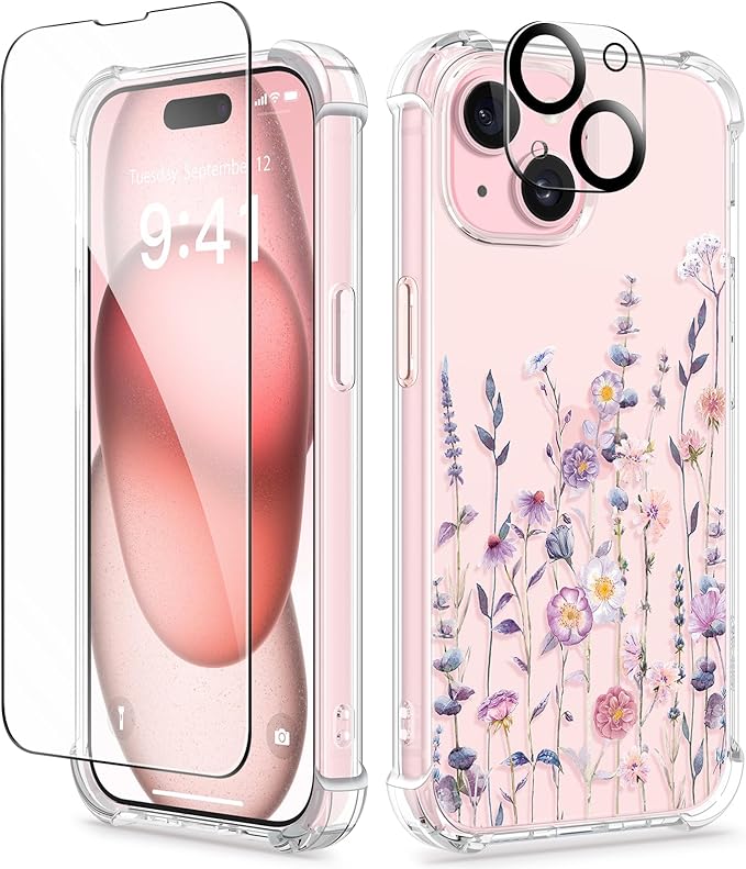 with Screen Protector&Camera Lens Protector,[Non Yellowing] Soft Shockproof Clear Phone Protective Cover for Women, Flower Pattern Design 6.1" (Floratopia/Colorful)