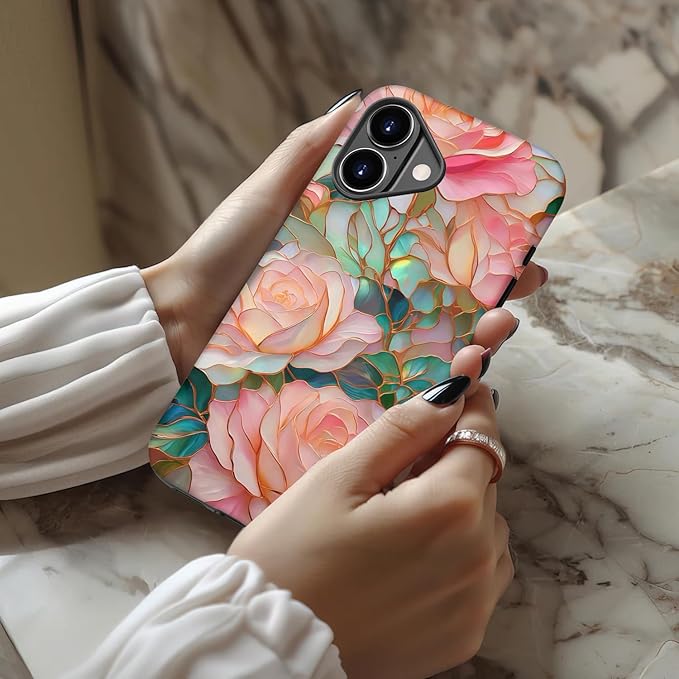Wireless Charging Compatible - Dual-Layer Hard Shell + Silicone Cover - Aesthetic Protective Trendy Phone Case for Women - Blooming Pink Rose