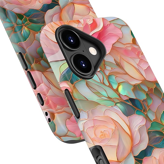 Wireless Charging Compatible - Dual-Layer Hard Shell + Silicone Cover - Aesthetic Protective Trendy Phone Case for Women - Blooming Pink Rose