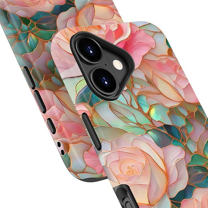 Wireless Charging Compatible - Dual-Layer Hard Shell + Silicone Cover - Aesthetic Protective Trendy Phone Case for Women - Blooming Pink Rose