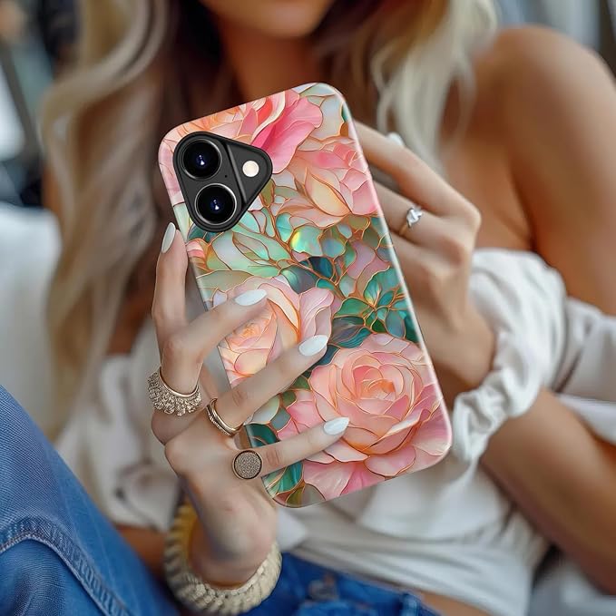 Wireless Charging Compatible - Dual-Layer Hard Shell + Silicone Cover - Aesthetic Protective Trendy Phone Case for Women - Blooming Pink Rose