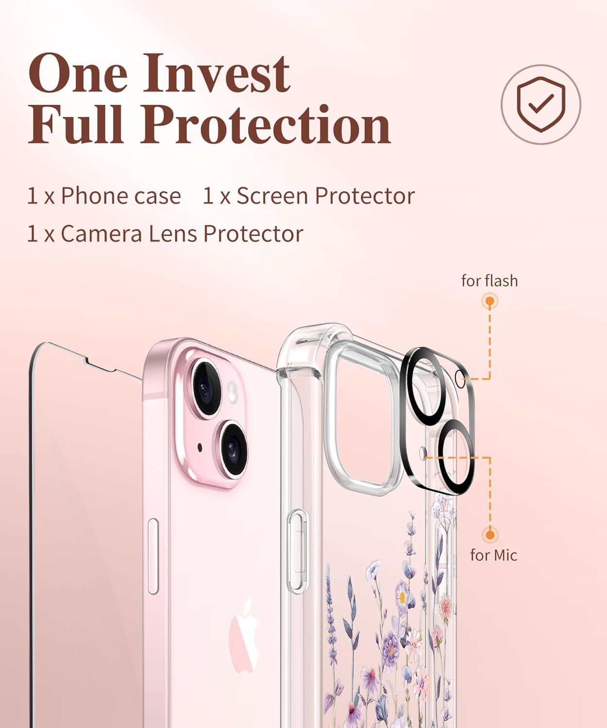 with Screen Protector&Camera Lens Protector,[Non Yellowing] Soft Shockproof Clear Phone Protective Cover for Women, Flower Pattern Design 6.1" (Floratopia/Colorful)
