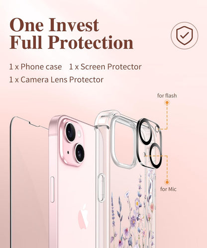 with Screen Protector&Camera Lens Protector,[Non Yellowing] Soft Shockproof Clear Phone Protective Cover for Women, Flower Pattern Design 6.1" (Floratopia/Colorful)