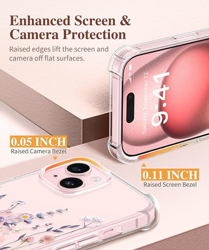 with Screen Protector&Camera Lens Protector,[Non Yellowing] Soft Shockproof Clear Phone Protective Cover for Women, Flower Pattern Design 6.1" (Floratopia/Colorful)
