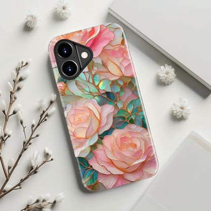 Wireless Charging Compatible - Dual-Layer Hard Shell + Silicone Cover - Aesthetic Protective Trendy Phone Case for Women - Blooming Pink Rose