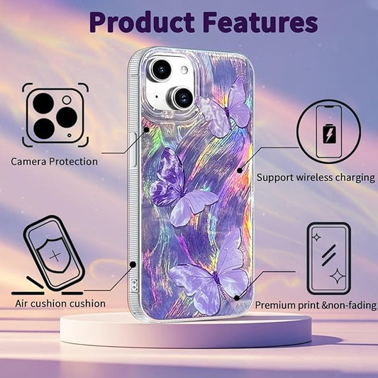 With [Shockproof Protective][Camera Protection] Cute Butterfly Aesthetic Phone Cover Anti-Yellowing Soft Slim Cover for Women Girl-Purple