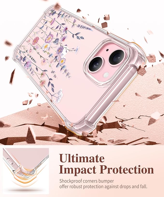 with Screen Protector&Camera Lens Protector,[Non Yellowing] Soft Shockproof Clear Phone Protective Cover for Women, Flower Pattern Design 6.1" (Floratopia/Colorful)